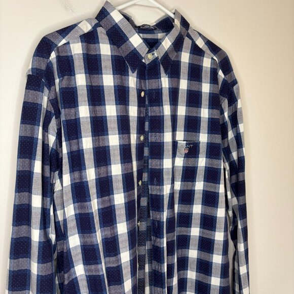 GANT Button Up Collared Shirt Men XL Dobby Plaid Regular Fit 43/44 17 Blue White - Picture 4 of 7